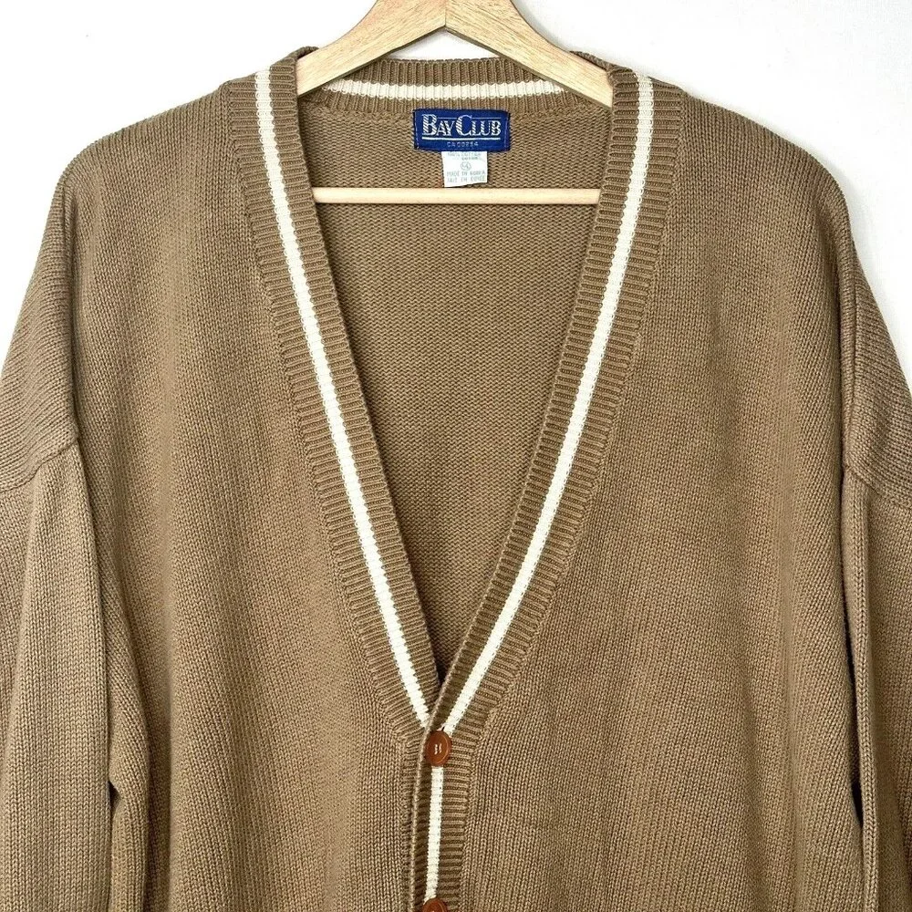 Vintage Bay Club Cardigan Sweater 80s Grandpa Knit Baggy Brown Mens Size Large - Picture 3 of 12